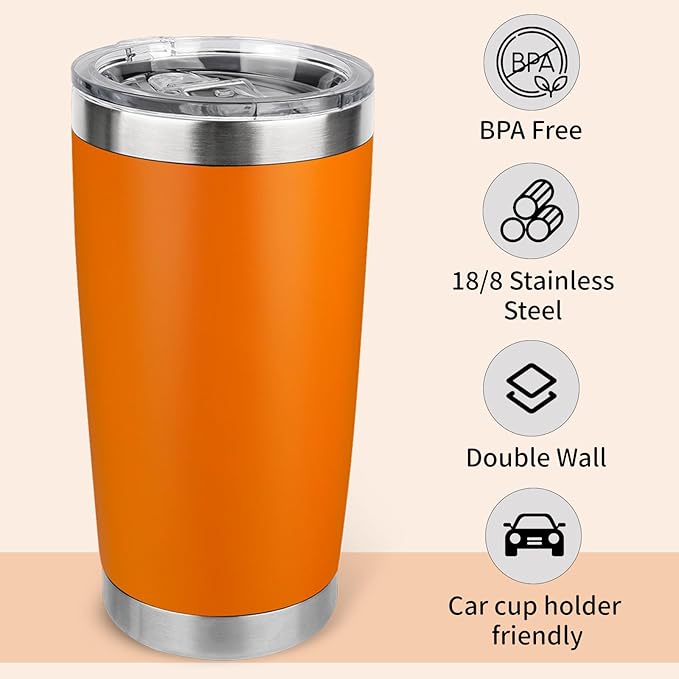 20oz Stainless Steel Tumbler Bulk with Lid, Travel Mug - Double Wall Vacuum Powder Coated Cup - Orange, 6 Pack - Bloomnest