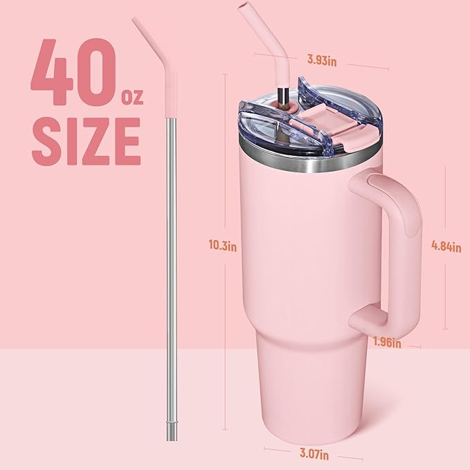COKTIK 40 oz Tumbler With Handle and Straw Lid, Vacuum Insulated Travel Coffee Mug Stainless Steel Insulated Cup for Beverages, Leak-proof, Cupholder Friendly (Blush) - Bloomnest