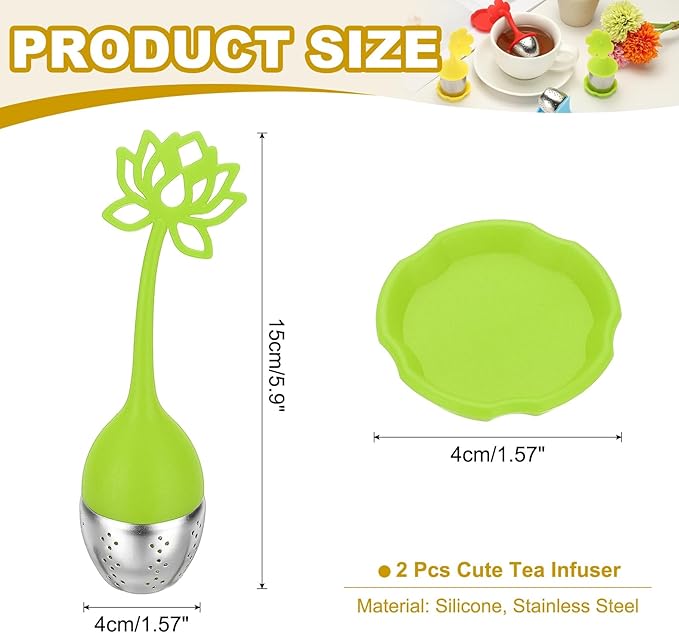 uxcell 2 Pcs Lotus Tea Infuser, Stainless Steel Loose Leaf Tea Steeper Filter with Silicone Handle Reusable Coarse Pores Mesh Strainer Diffuser for Teacups Teapots Mugs, Green
