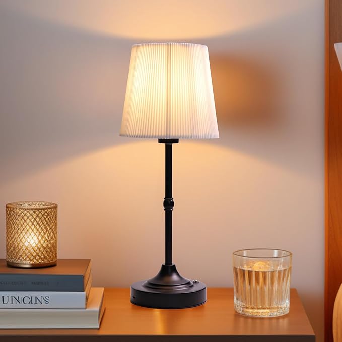 Rechargeable Cordless Table Lamp, Warm Desk Light, Wireless Touch Lamps with Stepless Dimmable Brightness & Fabric Shade for Nightstand Bedside Living Room (Black, Twill) - Bloomnest