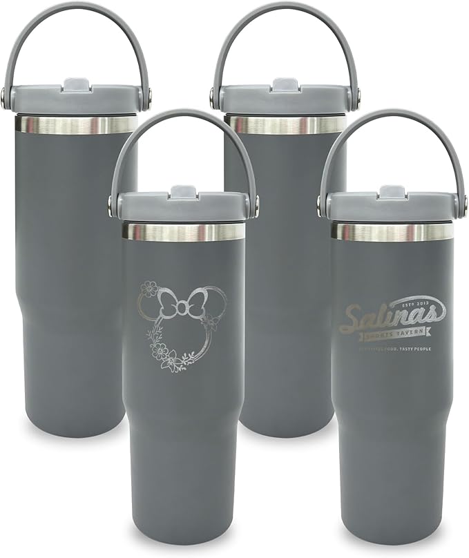 30 oz Tumbler Bulk with Top Handle, Double Wall Vacuum Insulated Tumbler with Flip Straw, Travel Coffee Mug 30oz Powder Coated Cup for Laser Engraving (Gray,4 pack)