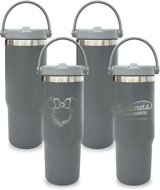 30 oz Tumbler Bulk with Top Handle, Double Wall Vacuum Insulated Tumbler with Flip Straw, Travel Coffee Mug 30oz Powder Coated Cup for Laser Engraving (Gray,4 pack)