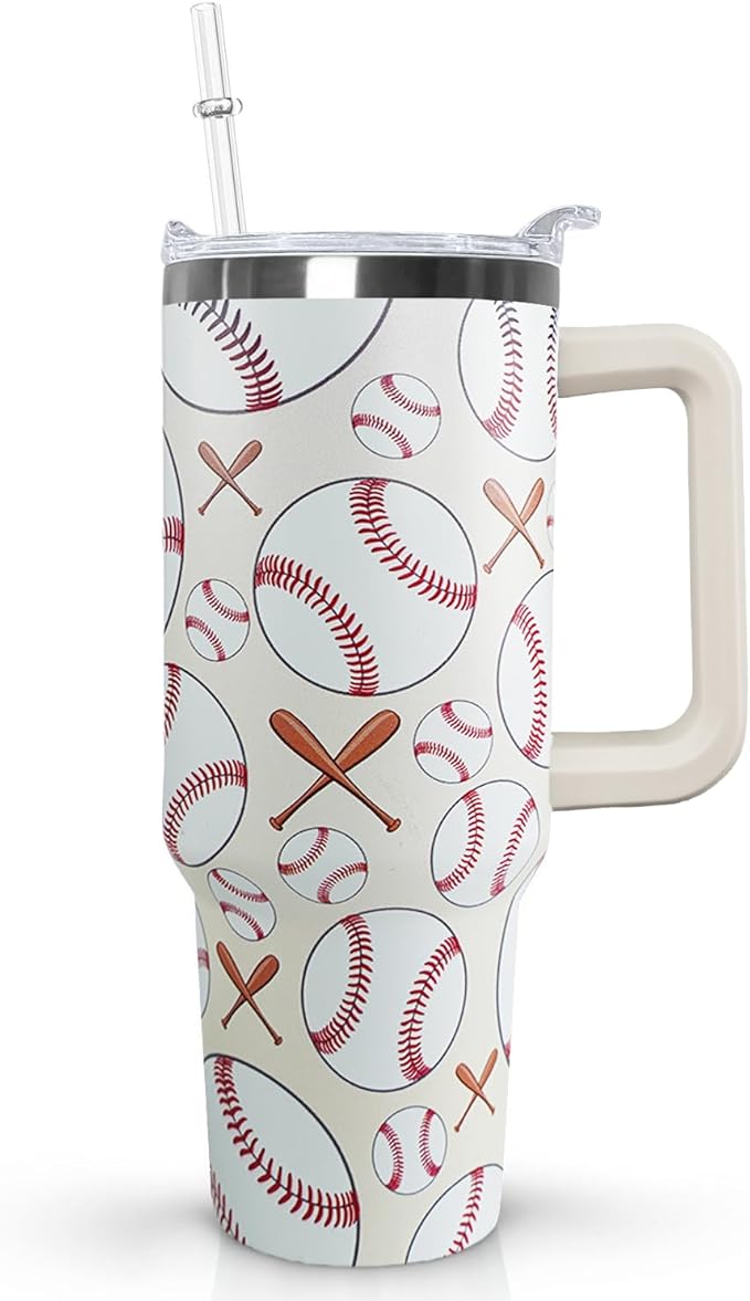 Ceovfoi 40 oz Baseball Coffee Mug Cup Vacuum Insulated Travel Tumbler with Handle Lid and Straw,Baseball Coach Gifts,Baseball Accessories Stuff - Bloomnest