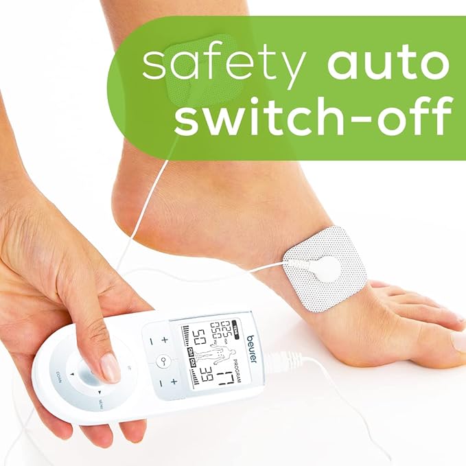 Beurer EM44 TENS Unit Muscle Stimulator with 50 Intensity Levels for Muscle Pain Relief, Muscle Stimulator Includes 4 Electrode TENS Pads, Belt Clip, and Batteries with Tens Machine BeurerNorthAmerica