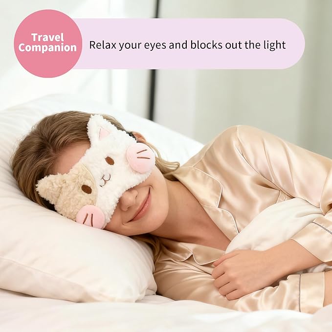 Cute Sleep Eye Masks for Kids, Kawaii Cartoon Kids Sleeping Mask for Women Boys Girls Teens, Soft Plush Adjustable Eyeshade Silk Travel Nap Eye Cover (White+Pink) - Bloomnest