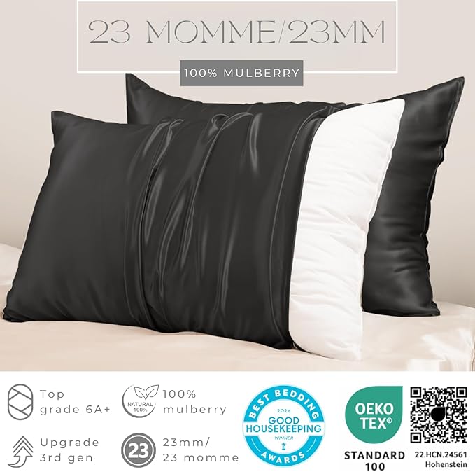 PROMEED Upgraded Grade 6A+ Black Silk Pillowcase with Zipper, 23 Momme Natural Mulberry Silk Pillow Cases for Hair and Skin - Easy Care with Free Laundry Bag (Standard 20"x26", Black) - Bloomnest