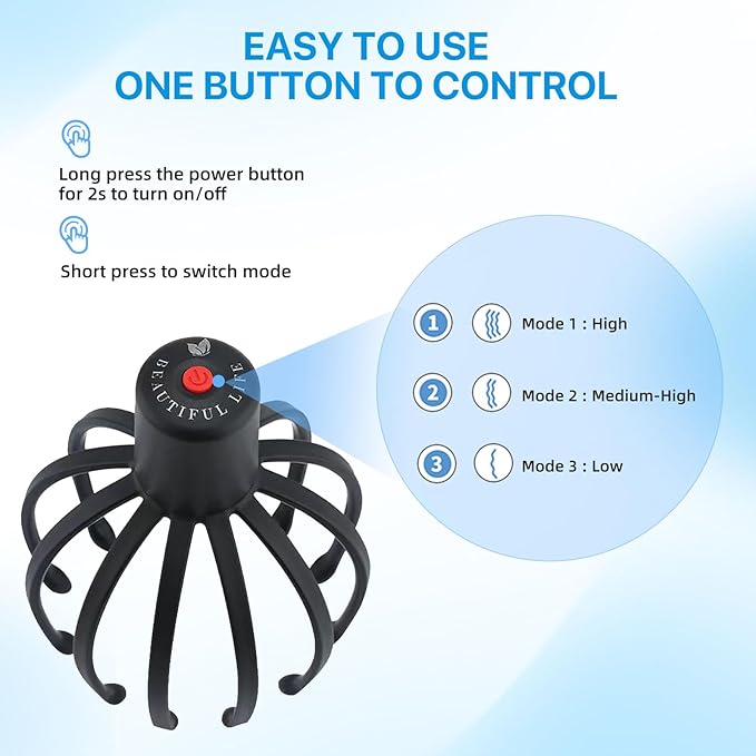 Head Massager Scalp Electric with 3 Modes, 360 Degree Head Massager Cordless Portable, Head Scratcher for Stress Relax BERVASTO