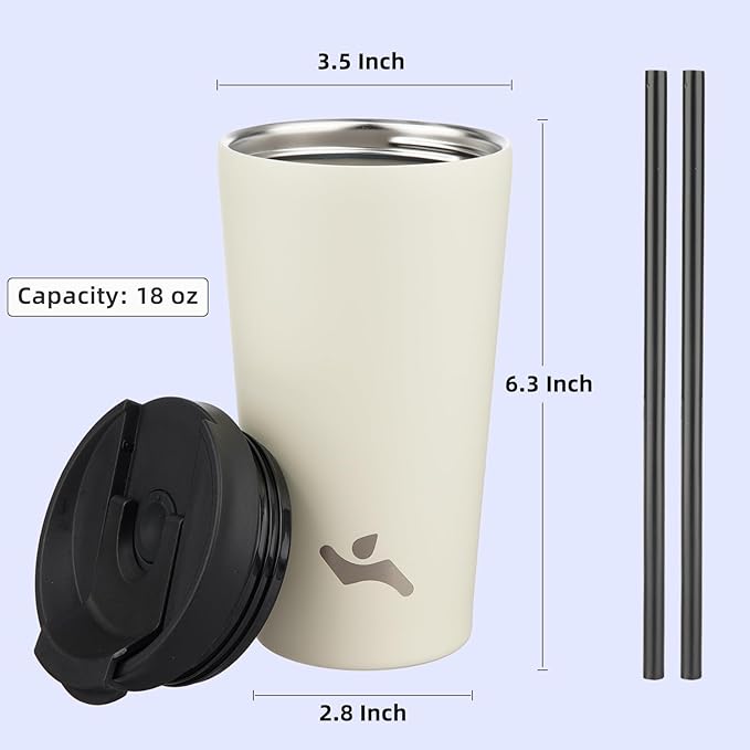 18 OZ Insulated Tumbler with Lid and 2 Straws Stainless Steel Water Bottle Vacuum Travel Mug Coffee Cup,Angel White - Bloomnest