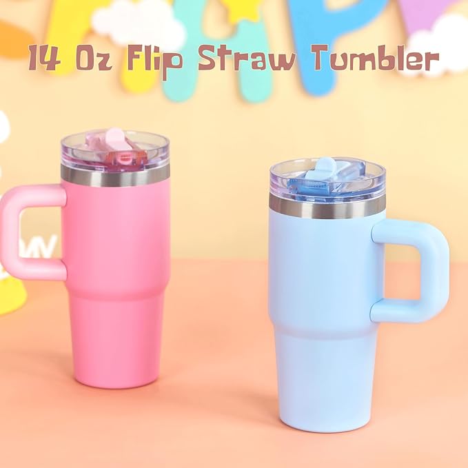 Cosictic 14 Oz Flip Straw Tumbler with Handle for Kids, Stainless Steel Double Wall Insulated Cup for Children with Flip Top Lid, 14 Oz Leak-proof Cups for Kids, Sky Blue and Pink - Bloomnest