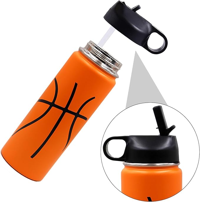 18 oz Basketball Water Bottle, Sports Flask Metal Travel Tumbler with 2 Lids, Stainless Steel Double Wall Vacuum Insulated Thermo Water Bottles, Basketball Accessories Stuff Gifts for Mom Boys Girls - Bloomnest