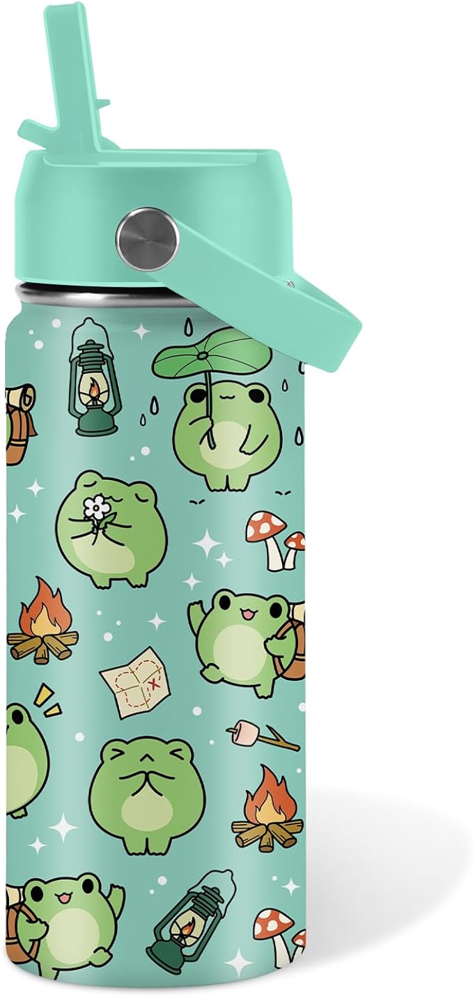 Frog Gifts for Kids - 16oz Cute Green Frog Water Bottle with Straw Lid, Stainless Steel Insulated Tumbler, Leakproof, BPA-Free, for Boys & Girls, School - Animal Frogs Lovers Birthday Gift Cup (1pc) - Bloomnest