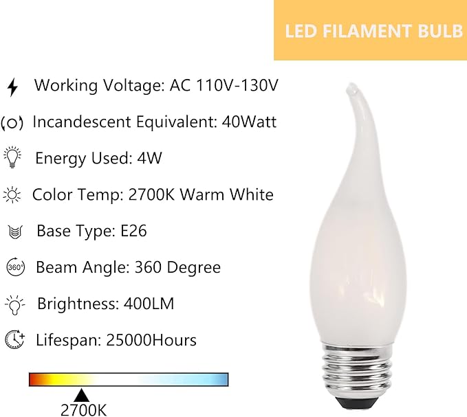 E26 Frosted Candelabra Bulb 40 Watt Equivalent LED Chandelier Light Bulbs, 2700K Warm White Medium Base 4W Dimmable LED Candle Light Bulbs, Frosted Glass Flame Tip Shape,6 Pack - Bloomnest
