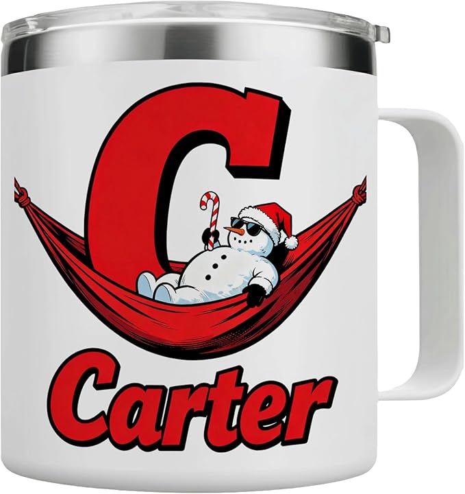 JugJug Personalized Christmas Mug with Initial & Name - Funny Chilling Snowman 12oz Insulated Coffee Cup w/Lid - Cool Xmas Gifts for Kids, Boys (B173) - Bloomnest