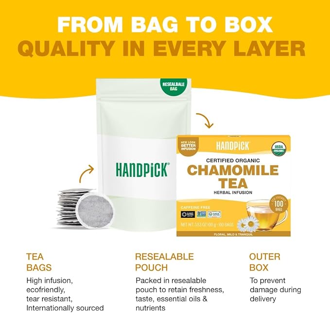 HANDPICK, Organic Chamomile Tea Bags (100 Herbal Tea Bags) Caffeine Free| Premium Floral Chamomile Herbal Tea in Eco-Conscious Teabags | Direct from Source - Bloomnest