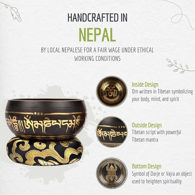 Tibetan Singing Bowl Set ~ 7 Chakra Stones and Lava Stone Chakra Bracelet ~ Easy to Play with Fabric Case, Cushion, Mallet ~ Handcrafted in Nepal for Meditation, Yoga, Spiritual Healing, & Mindfulness