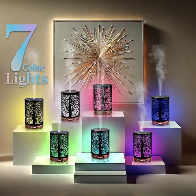 Oil Diffuser with Essential Oils Set, Aromatherapy Diffuser with 7 Color Lights and Auto Shut-Off, Cool Mist Diffuser with 6 Oils Gift Pack for Home Office (Tree with Oils) - Bloomnest