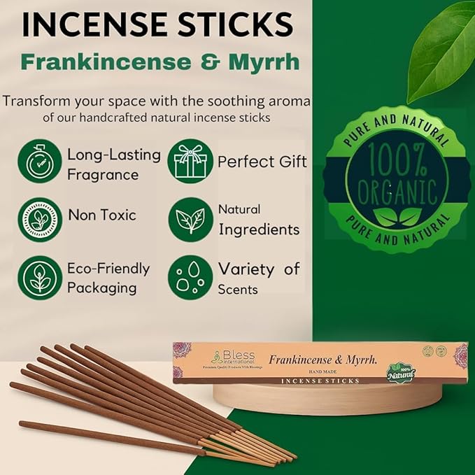 Bless-Frankincense-and-Myrrh 100%-Natural-Handmade-Hand-Dipped-Incense-Sticks Organic-Chemicals-Charcoal-Free Purification-Relaxation-Positivity-Yoga-Meditation Best-Woods-Scent (80 Sticks (4.20 OZ)) BlessInternational
