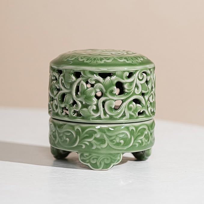Mini Ceramic Incense Burner - Chinese Classic Plum Green Celadon Glaze, Fragrance Cone & Stick Holder Palo Santo/Sage/Herb Burner for Meditation, Yoga, Desk Decor, Zen Relaxation Gift (Cloud-A) - Bloomnest