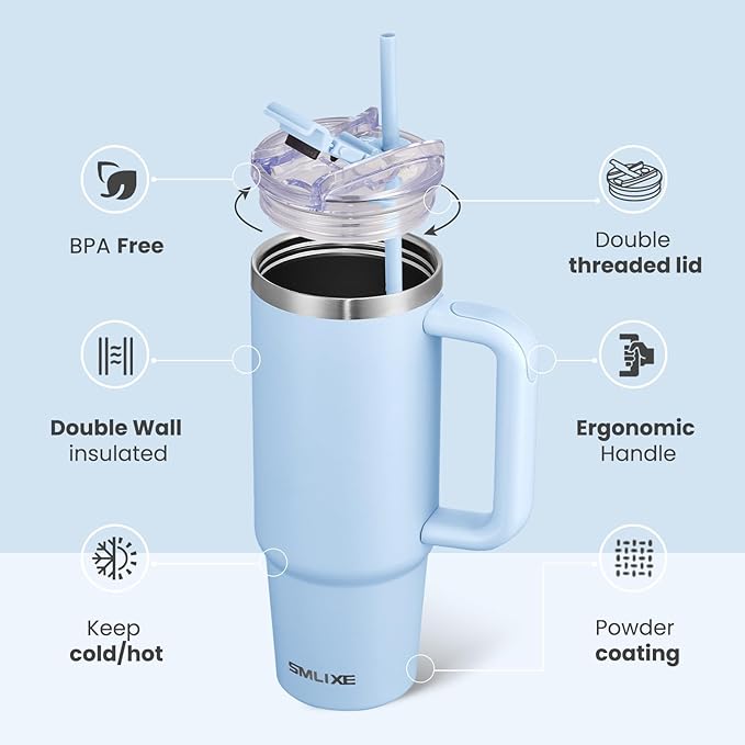 30 oz Tumbler with Handle, Tumbler with Lid and Straw, Double Wall Vacuum Insulated Travel Mug Stainless Steel Tumbler for Hot and Cold, Cupholder Friendly (Blue) - Bloomnest