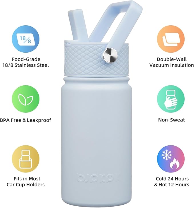 BJPKPK Insulated Water Bottle with Straw Lid, 15oz Cute Water Bottles, Stainless Steel Metal Thermo, Reusable BPA Free Leak Proof Tumblers, Cups,Light Blue - Bloomnest