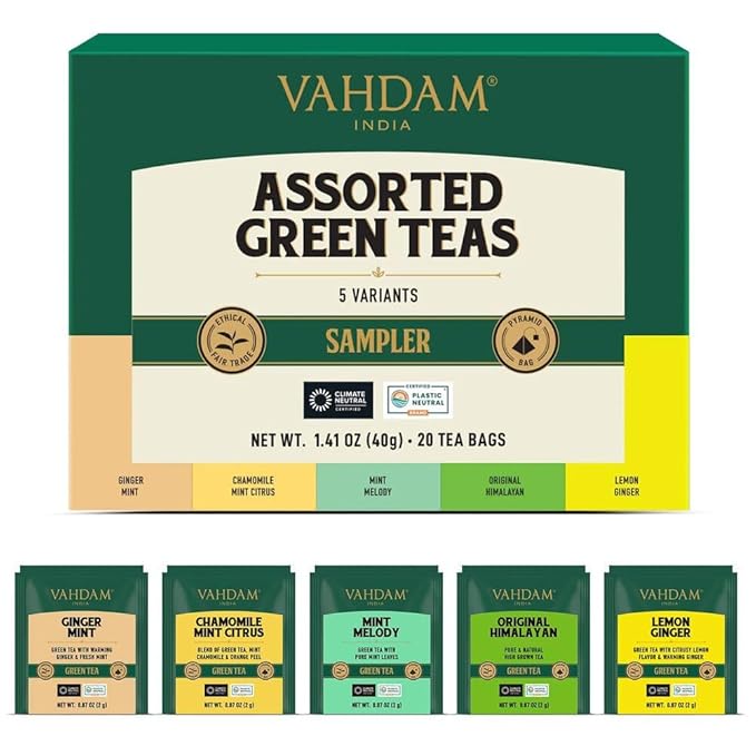 VAHDAM, Assorted Green Tea Bags Sampler (5 Flavors, 20 Ecofriendly Pyramid Tea bags) I Gift Ideas for Women & Men | Himalayan Green Tea Varieties | Gluten Free & Non GMO | Gift Ideas for Him/Her - Bloomnest