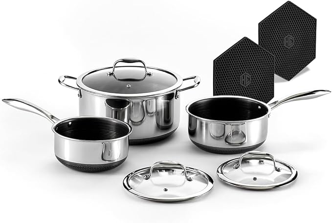 HexClad Hybrid Nonstick 6-Piece Pot Set with 2 Silicone Trivets, 2, 3, and 8-Quart Pots with Tempered Glass Lids, Stay-Cool Handles, Dishwasher-Friendly, Induction Ready, Compatible with All Cooktops - Bloomnest