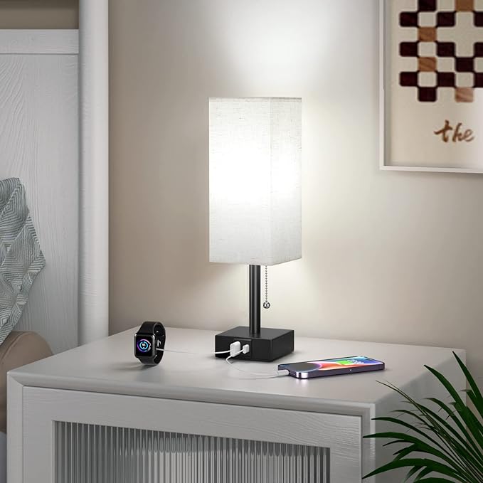 Bedside Table Lamp with 3 Color Temperatures - 3000/4000/5000K Small Lamp with USB C+A Ports, Nightstand Lamp with 3 Color Modes by Pull Chain, Bedroom Lamp for Living Read Work(LED Bulb Included) - Bloomnest