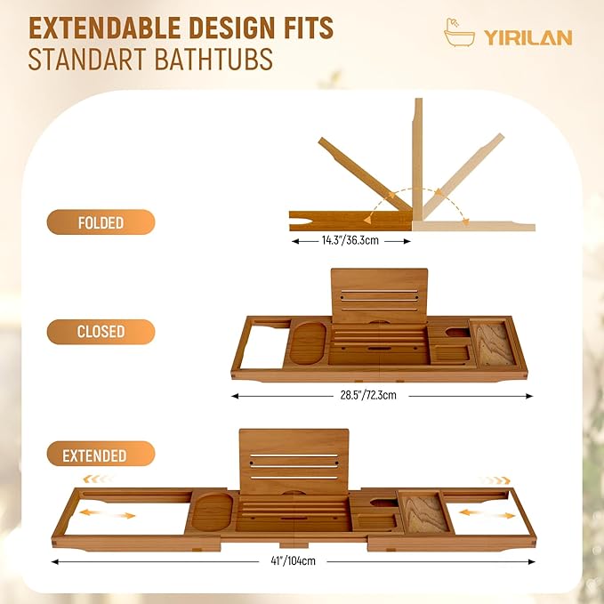 Yirilan Teak Bathtub Tray for Tub, Bath Table Tray for Tub Wood, Bathtub Caddy, Luxury Gift for House Warming, Wedding, Bridal Shower, Anniversary - Bloomnest