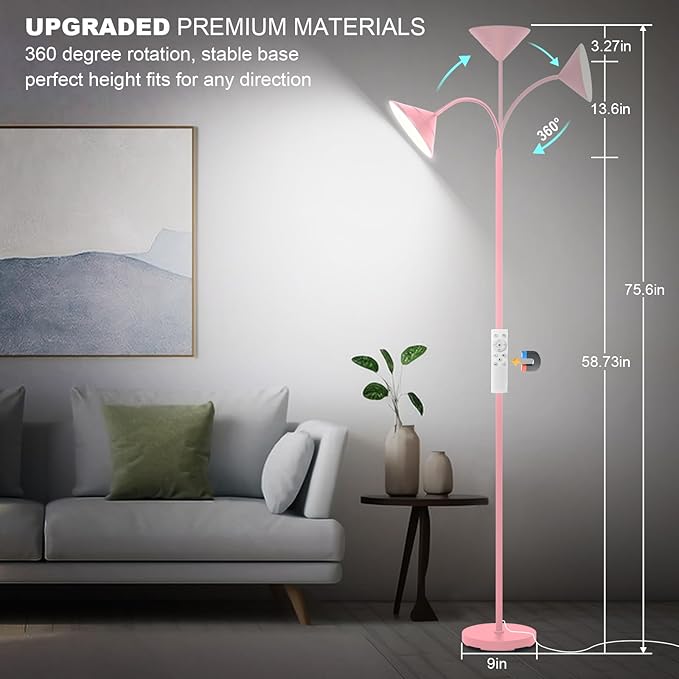 Floor Lamp, 18W Upgraded Bright LED Floor Lamps for Living Room Bedroom with Gooseneck Stepless Dimming & Color 76inch Tall Standing Lamp with Remote & Touch Control Work with Smart Plug (Pink) - Bloomnest