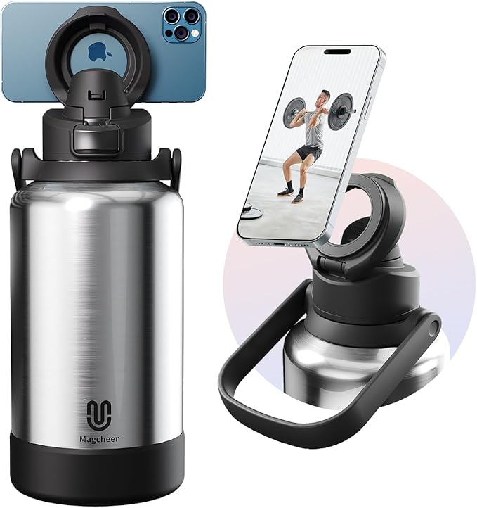 64oz Insulated Magnetic Water Bottle - Stainless Steel Vacuum Flask with MagSafe Compatible Phone Holder Keeps Drinks Cold for 24 Hours Water Jug for Gym and Outdoor Activities（Silver) Magcheer