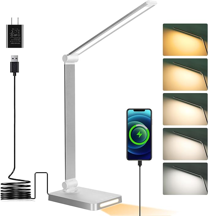 Dott Arts LED Desk Lamp with USB Ports,Touch Desk Lamps for Home Office with 5 Color Modes,3 Brightness Desk Light with Small Night Light,Reading Lamp Table LED Lamp for Bedroom Bedsid Study Sliver - Bloomnest