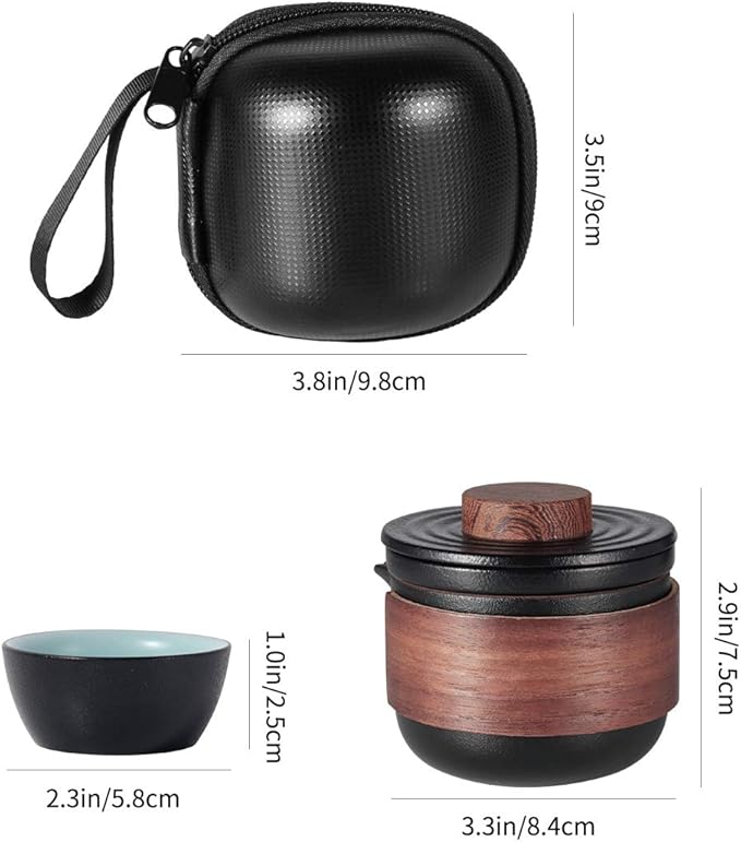 Mini Travel Ceramic Tea Pot Set Chinese Kung Fu Teapot, 1 Pot 2 Cups Porcelain Teacups with Tea Infuser Portable Bag for Outdoor Picnic (Black)