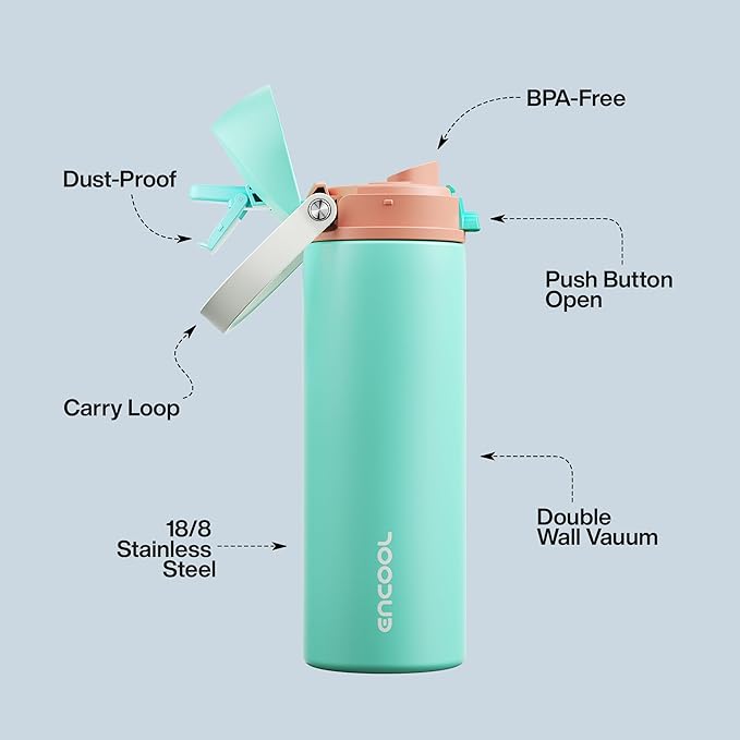 Insulated Water Bottle with Straw - Encool Stainless Steel Water Bottle with Push Button Lid, Leak-Proof & BPA-Free, Keeps Cold for 24 Hours for Sports, Travel, Gym (24 oz, Turquoise) ENCOOL