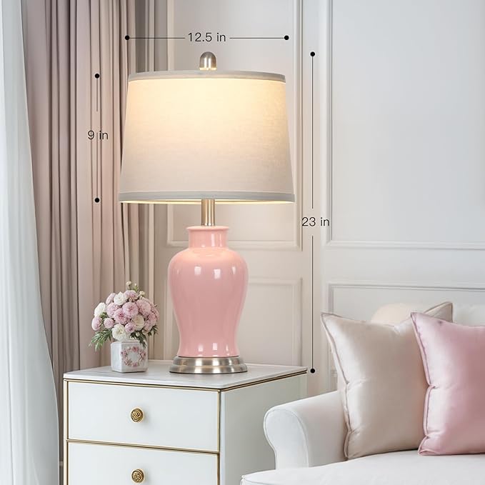 23" Ceramic Table Lamps Set of 2, Modern Ceramic Lamps for Living Room, Cute Bedside Lamps with Ginger Jar Design, Elegant Bedroom Lamps for Nightstand Dining Room Desk Side End Table Home Decor, Pink - Bloomnest