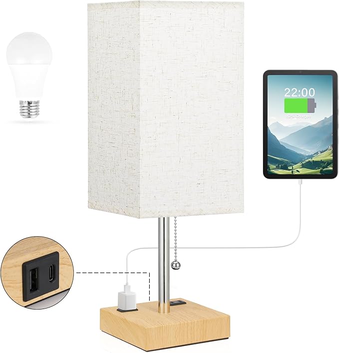 aooshine Wood Grain Small Table Lamp for Bedroom - 3 Color Temperature 3000K 5000K 4000K Bedside Lamp, Pull Chain Control, USB A and C Ports, Bulb Included - Bloomnest