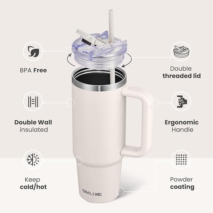 30 oz Tumbler with Handle, Tumbler with Lid and Straw, Double Wall Vacuum Insulated Travel Mug Stainless Steel Tumbler for Hot and Cold, Cupholder Friendly (Almond Birch) - Bloomnest