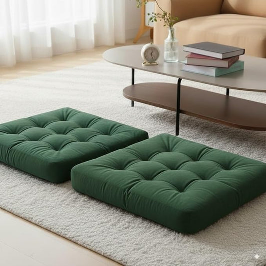 Velvet Floor Pillow Set of 2, Square Large Pillows Seating for Adults, Green Tufted Cushions for Meditation, Yoga Tatami Living Room Chair, Machine-Washable & Dryer-Safe, Green, 22x22 Inch - Bloomnest