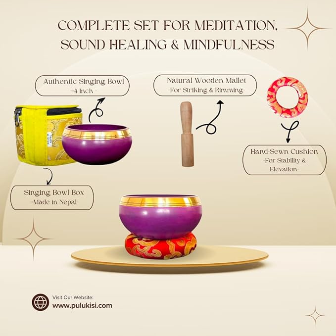 4” Tibetan Singing Bowl Set – Includes Handmade Cushion, Wooden Mallet & Hand-Stitched Case – Chakra Healing, Meditation Sound Bowl – Made in Nepal (Purple) - Bloomnest