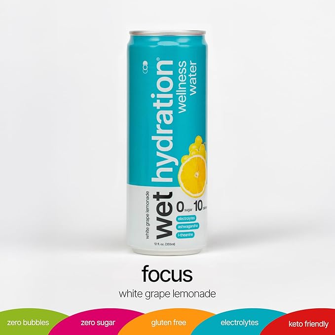Wet Hydration Wellness Water | Electrolyte Drink with Ashwagandha & L-Theanine – White Grape Lemonade (12oz Cans, Pack of 12) | Zero Sugar, 10 Calories, Zero Bubbles, Functional Hydration - Bloomnest