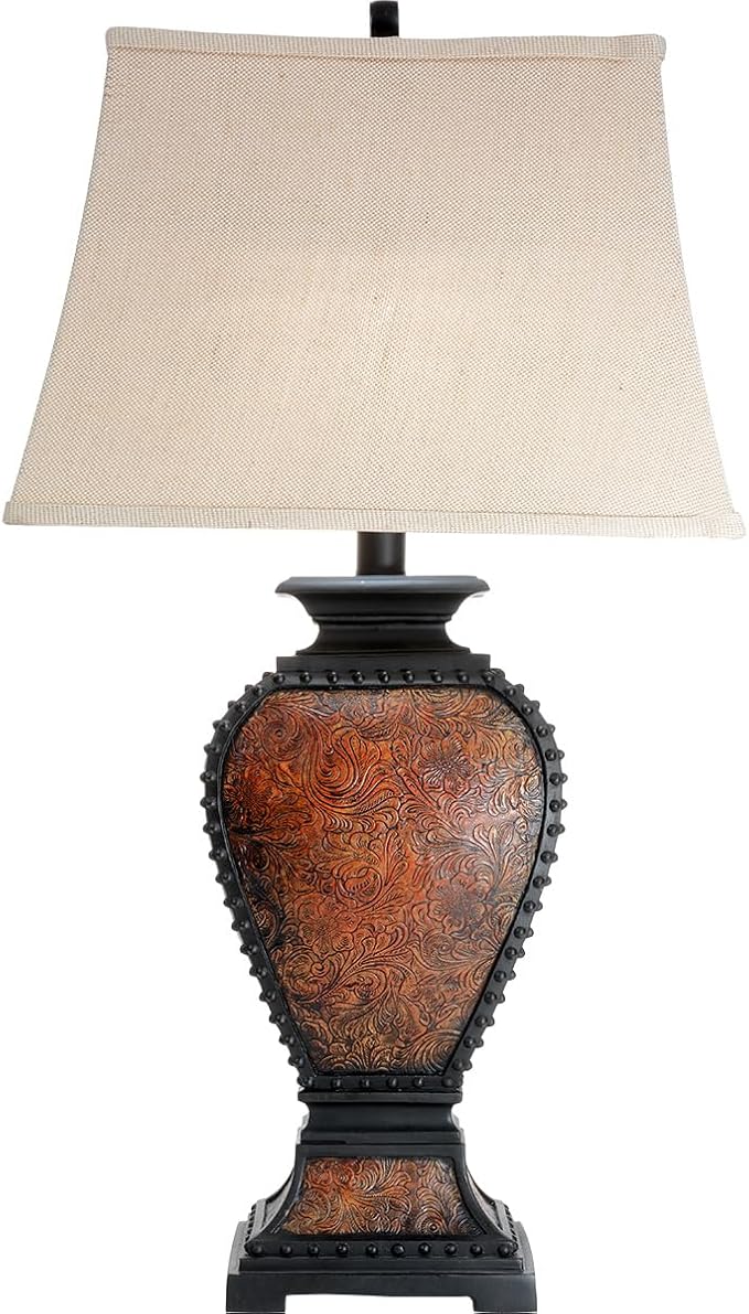 BLACK FOREST DECOR Western Tooled Leather Table Lamp - Rustic Faux Leather Shade for Cabin Decor - Bloomnest