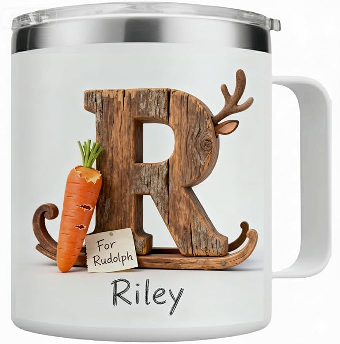 Personalized Christmas Coffee Mug with Custom Name & Reindeer Initial - 14oz Insulated Stainless Steel Tumbler with Handle & Lid - Rustic Rudolph Design, Unique Holiday Gift for Family (B60) - Bloomnest