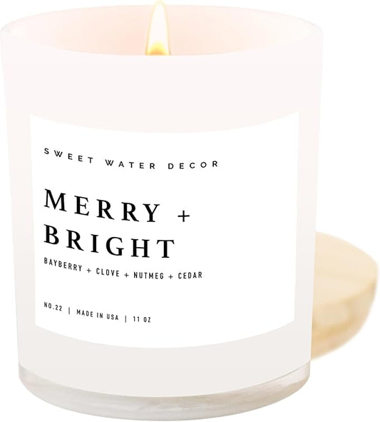 Sweet Water Decor Merry and Bright Soy Christmas Candle - Bayberry, Clove, Nutmeg, and Cedar Scented Holiday Candles for Home - 11oz White Jar + Wood Lid, 50+ Hour Burn Time, Made in The USA - Bloomnest