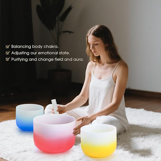 432HZ PCS Aria Gradient GEC Crystal Singing Bowl Set of 3, 8"G Throat, 10"E Solar Plexus, 12” Root with Case Suede Striker & O-Ring Sound Therapy for Reiki, Healing Energy - Bloomnest
