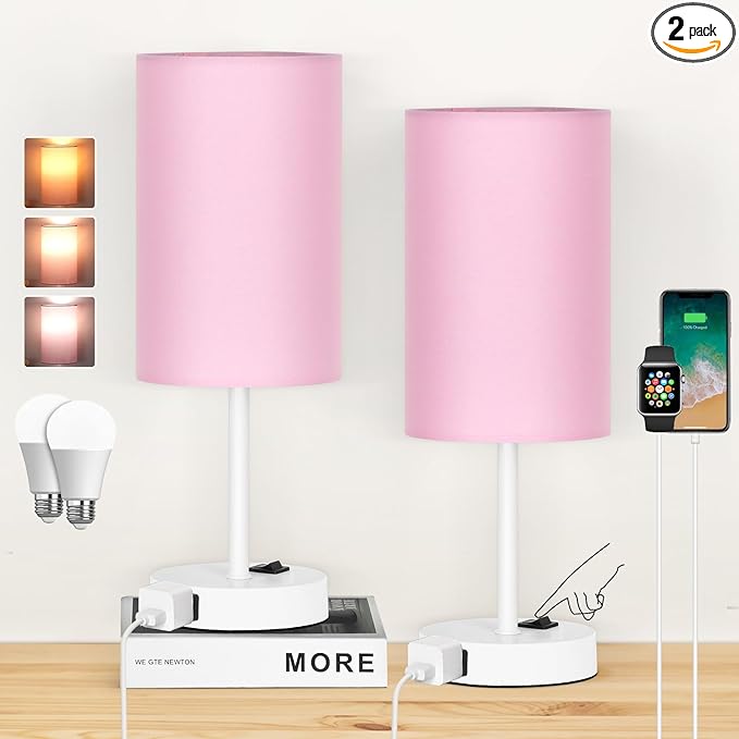 ZJOJO Table Lamp for Bedroom Set of 2, Bedside Small Lamps with 3 Way Dimmable Rocker Switch and AC Outlet, Nightstand Desk Lamp with Pink Fabric Shade White Base for Living Room Home Decor Lights - Bloomnest