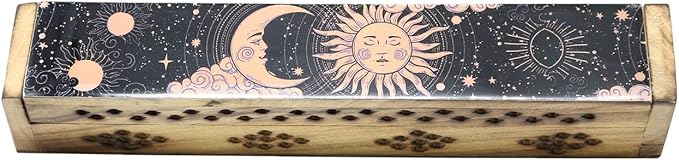 SOUL STICKS Handmade Carved Incense Burner Wooden Coffin Box with Storage Includes Go Away Evil Incense Sticks (Pink Sun and Moon) - Bloomnest