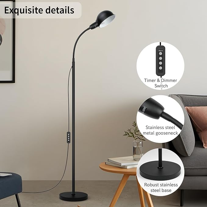 Floor Lamp with Flexible Gooseneck and Height Adjustable，Standing Lamp Include Dimmer LED Bulb，Ideal Tall Lamp with Dimmer and Timer Switch for Reading,Bedside and Living Room (Black) - Bloomnest