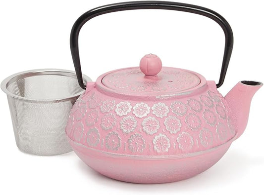 Juvale Cast Iron Tea Kettle - Stainless Steel Infuser & Loose Leaf Tea Steeper - Heat Retention in Pink Cast Iron Kettle - 34 oz