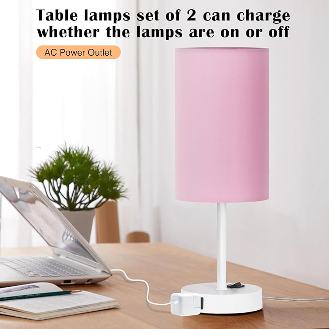 ZJOJO Table Lamp for Bedroom Set of 2, Bedside Small Lamps with 3 Way Dimmable Rocker Switch and AC Outlet, Nightstand Desk Lamp with Pink Fabric Shade White Base for Living Room Home Decor Lights - Bloomnest