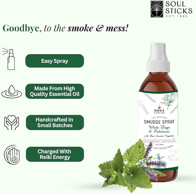 SOUL STICKS White Sage & Patchouli Smudge Spray For Cleansing and Negative Energy | 3.5oz White Sage Smudge Spray with Real Quartz Crystals | Car Fragrance Sage Room Spray for Spiritual Cleansing SoulSticks