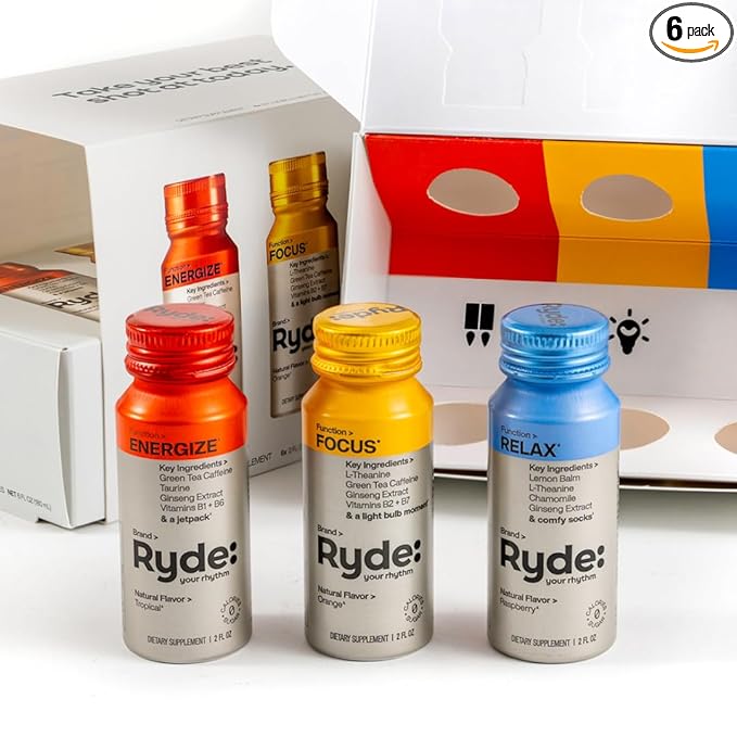 RYDE: Discovery Pack | Energize, Focus & Relax Shots | Green Tea Caffeine, Taurine, Ginseng, B Vitamins, L-Theanine, Lemon Balm, Chamomile | 0 Calories, 0 Sugar | Variety Pack – Try Them All (6 Pack) - Bloomnest